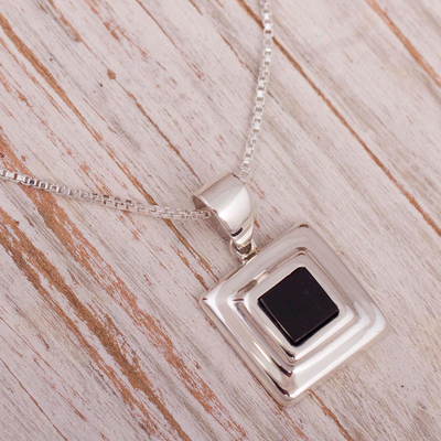 Obsidian pendant necklace, 'The Brilliance of Geometry' - Peruvian Square Obsidian Sterling Silver Pendant Necklace