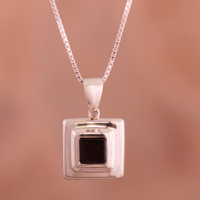 Obsidian pendant necklace, 'The Brilliance of Geometry' - Peruvian Square Obsidian Sterling Silver Pendant Necklace
