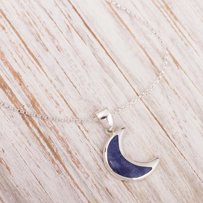 Sodalite pendant necklace, 'Waning Crescent Moon' - Peruvian Sodalite and Sterling Silver Moon Pendant Necklace