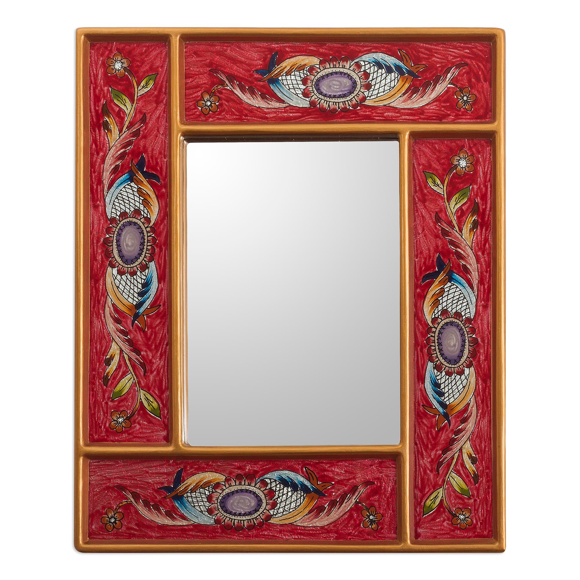 Red and Gold ReversePainted Glass Wall Mirror Sophisticated Red NOVICA