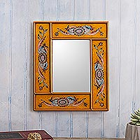 Reverse-painted glass wall mirror, 'Sophisticated Saffron' - Saffron Reverse-Painted Glass Wall Mirror