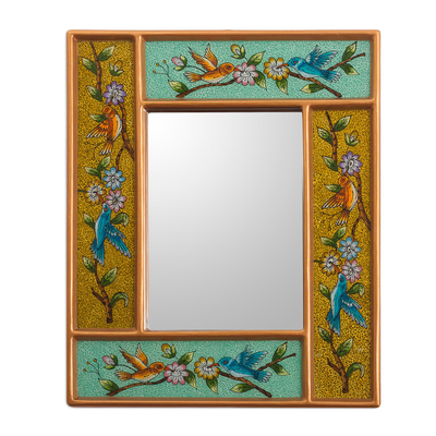 Bird and Flower Motif Glass Framed Wall Mirror