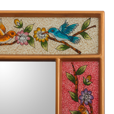 Reverse-painted glass wall mirror, 'Garden of Joy' - Handcrafted Reverse-Painted Glass Mirror