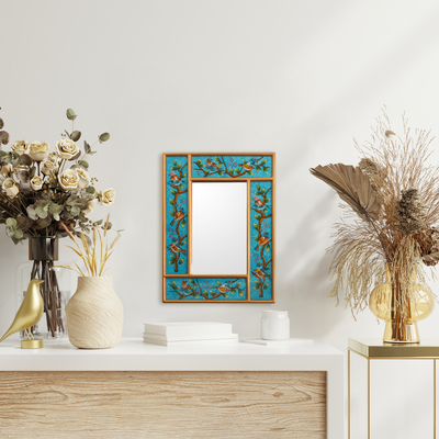 Reverse-painted glass wall mirror, 'Serene Garden' - Turquoise Reverse-Painted Glass Wall Mirror