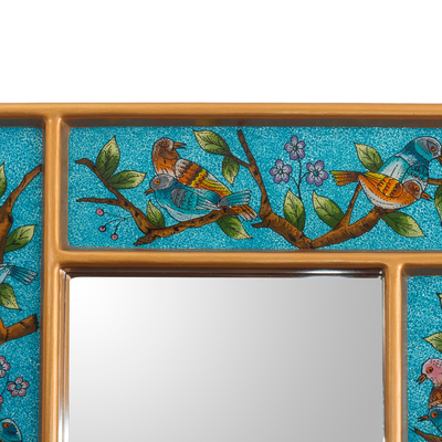 Reverse-painted glass wall mirror, 'Serene Garden' - Turquoise Reverse-Painted Glass Wall Mirror
