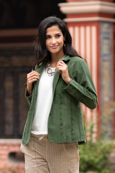 Blazerjacke aus Baumwolle - Bestickte Blazerjacke aus laurelgrüner Baumwolle aus Peru