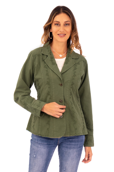 Cotton blazer jacket, 'Andean Fields' - Embroidered Laurel Green Cotton Blazer Jacket from Peru