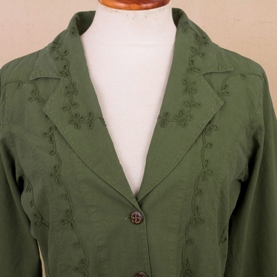 Cotton blazer jacket, 'Andean Fields' - Embroidered Laurel Green Cotton Blazer Jacket from Peru