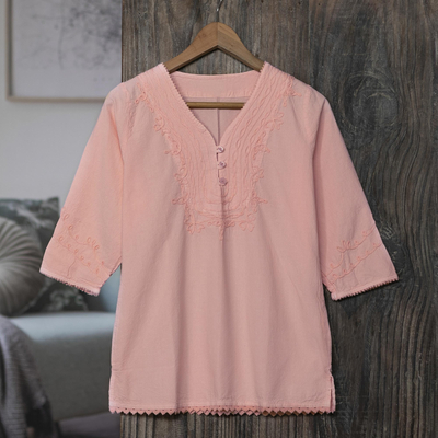 Pale Melon Orange Embroidered Cotton Tunic Top from Peru, 'Sunset in Lima