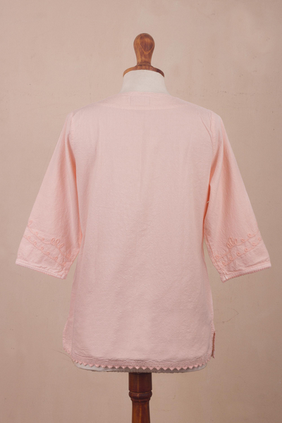 Cotton tunic, 'Sunset in Lima' - Pale Melon Orange Embroidered Cotton Tunic Top from Peru