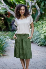 Cotton skirt, 'Andean Fields' - Embroidered Laurel Green Cotton Skirt from Peru