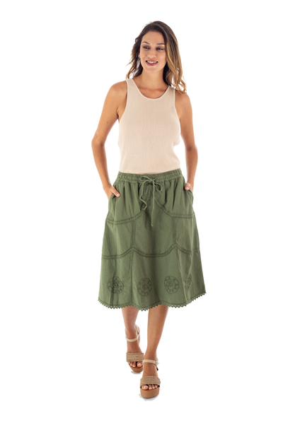 Cotton skirt, 'Andean Fields' - Embroidered Laurel Green Cotton Skirt from Peru