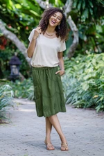Cotton skirt, 'Andean Fields' - Embroidered Laurel Green Cotton Skirt from Peru