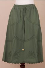 Cotton skirt, 'Andean Fields' - Embroidered Laurel Green Cotton Skirt from Peru