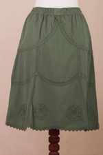 Cotton skirt, 'Andean Fields' - Embroidered Laurel Green Cotton Skirt from Peru