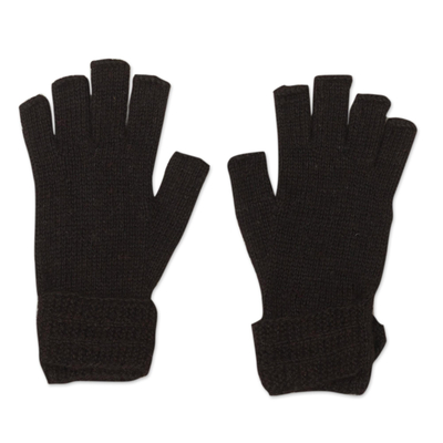 100% alpaca gloves, 'Winter Nights' - Black 100% Alpaca Gloves from Peru
