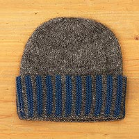100% alpaca knit hat, 'Snug Harbor' - Knit 100% Alpaca Grey and Blue Hat