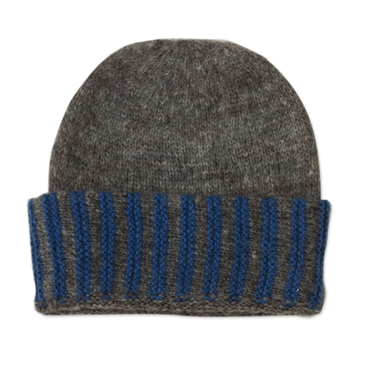 Knit 100% Alpaca Grey and Blue Hat