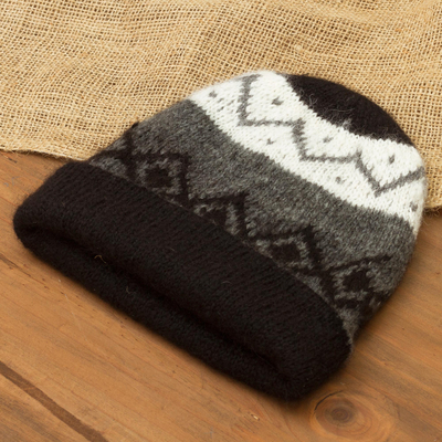 100% alpaca knit hat, 'Nordic Nights' - Knit 100% Alpaca Hat in Black and Grey