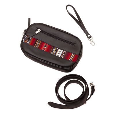 Wool-accented leather waist bag, 'Adventure in Red' - Versatile Black Leather Waist Bag or Wristlet