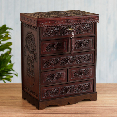 Cedar wood and leather jewelry box, Sun God Wiracocha