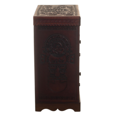 Cedar wood and leather jewelry box, 'Sun God Wiracocha' - Andean Hand Tooled Leather Jewelry Box with the Sun God
