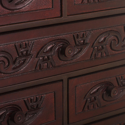 Cedar wood and leather jewelry box, 'Sun God Wiracocha' - Andean Hand Tooled Leather Jewelry Box with the Sun God