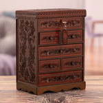 Leather and wood jewelry chest, 'Colonial Flowers' - Hand Crafted Leather Jewelry Chest
