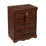 Leather and wood jewelry chest, 'Colonial Flowers' - Hand Crafted Leather Jewelry Chest