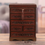 Leather and wood jewelry chest, 'Colonial Flowers' - Hand Crafted Leather Jewelry Chest