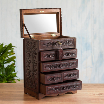Leather and wood jewelry chest, 'Colonial Flowers' - Hand Crafted Leather Jewelry Chest