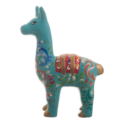 Ceramic statuette, 'Llama in Aqua' - Handmade Aqua Llama Figurine