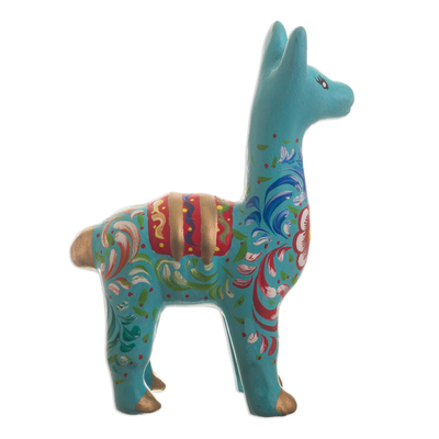 Ceramic statuette, 'Llama in Aqua' - Handmade Aqua Llama Figurine
