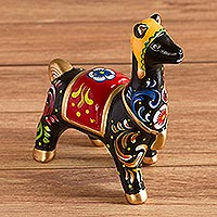 Ceramic figurine, 'Chullo Llama in Black' - Hand Painted Ceramic Llama