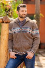 Men's 100% alpaca hoodie, 'Aventura' - Men's 100% Alpaca Brown Geometric Hoodie Jacket from Peru