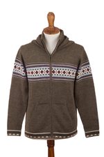 Men's 100% alpaca hoodie, 'Aventura' - Men's 100% Alpaca Brown Geometric Hoodie Jacket from Peru