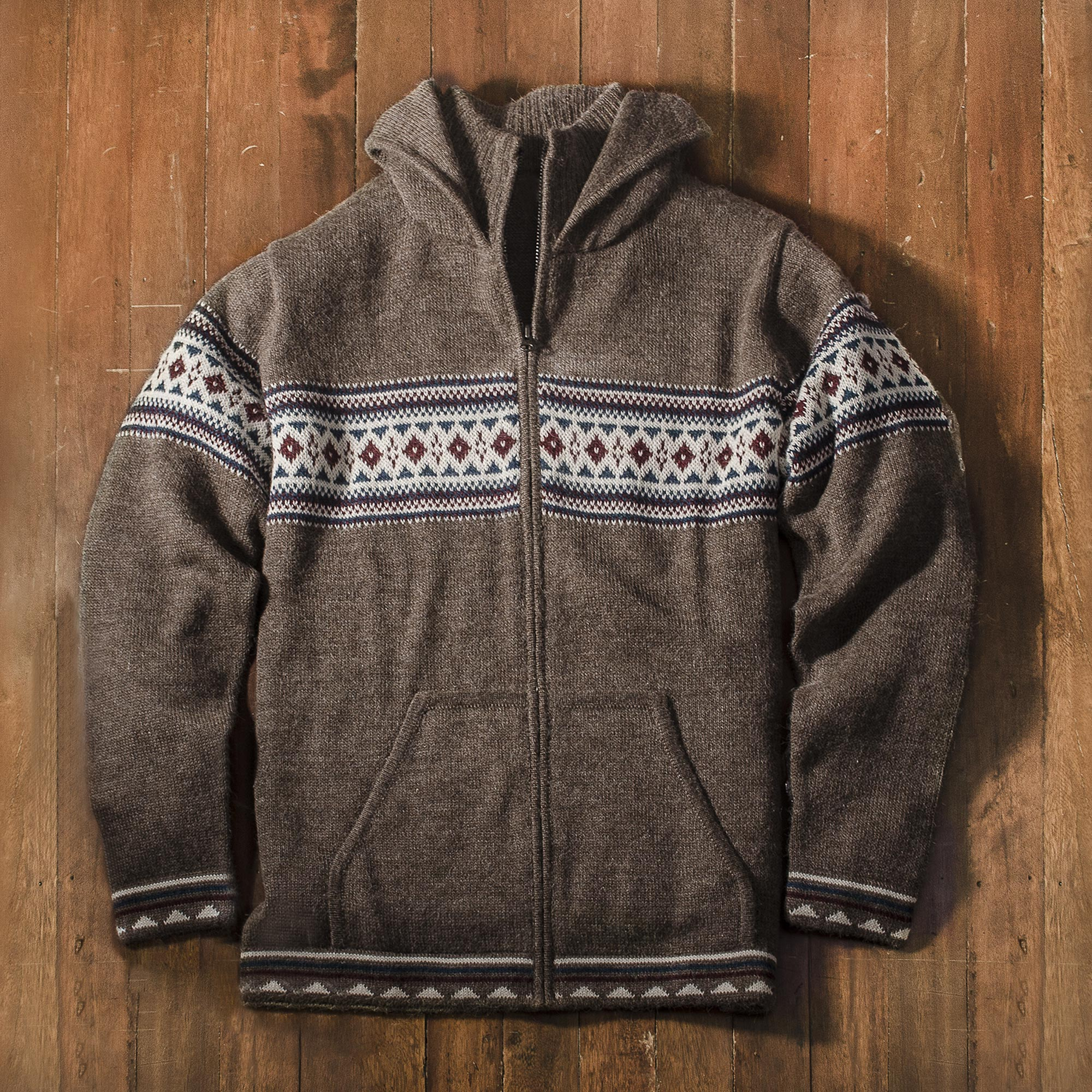 Men's 100% Alpaca Brown Geometric Hoodie Jacket from Peru - Aventura ...
