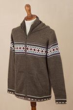 Men's 100% alpaca hoodie, 'Aventura' - Men's 100% Alpaca Brown Geometric Hoodie Jacket from Peru