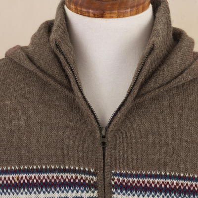Men's 100% alpaca hoodie, 'Aventura' - Men's 100% Alpaca Brown Geometric Hoodie Jacket from Peru