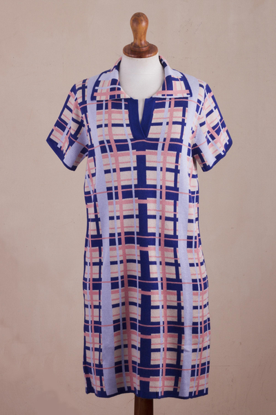 Cotton blend knit dress, 'Melon Spring' - Hand Made Cotton Blend Plaid Polo Dress from Peru