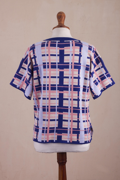 Cotton blend knit top, 'Melon Spring T-Shirt' - Hand Made Cotton Blend Plaid Oversized Top from Peru