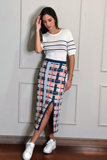 Cotton blend knit maxi skirt, 'Melon Spring' - Hand Made Cotton Blend Knit Plaid Maxi Skirt from Peru