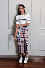 Cotton blend knit maxi skirt, 'Melon Spring' - Hand Made Cotton Blend Knit Plaid Maxi Skirt from Peru