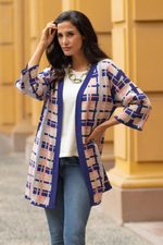 Cotton blend knit kimono, 'Melon Spring' - Hand Made Cotton Blend Plaid Knit Kimono Top from Peru