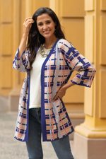 Cotton blend knit kimono, 'Melon Spring' - Hand Made Cotton Blend Plaid Knit Kimono Top from Peru