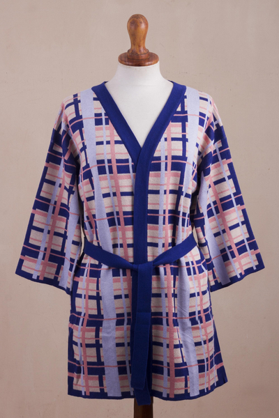 Strick-Kimono aus Baumwollmischung - Handgefertigtes Kimono-Oberteil aus kariertem Strick aus Baumwollmischung aus Peru