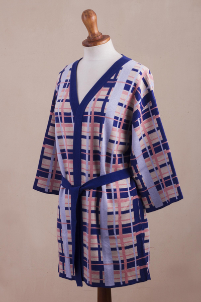 Cotton blend knit kimono, 'Melon Spring' - Hand Made Cotton Blend Plaid Knit Kimono Top from Peru