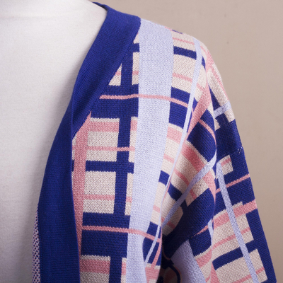 Kimono de punto de mezcla de algodón - Top tipo kimono tejido a cuadros de mezcla de algodón hecho a mano en Perú