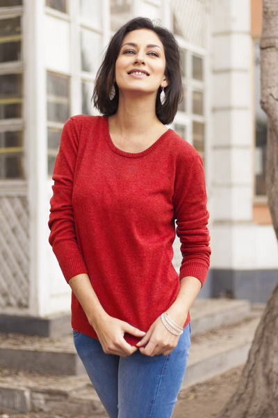 Cotton blend pullover, 'Casual Comfort in Red' - Red Knit Cotton Blend Crew Neck Pullover from Peru