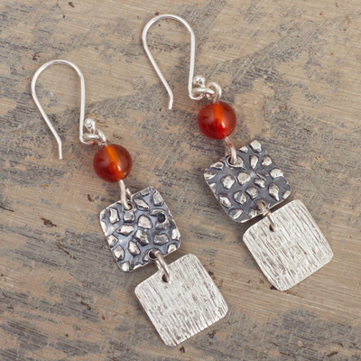 Carnelian dangle earrings, 'Square Root' - Textured Sterling and Carnelian Earrings